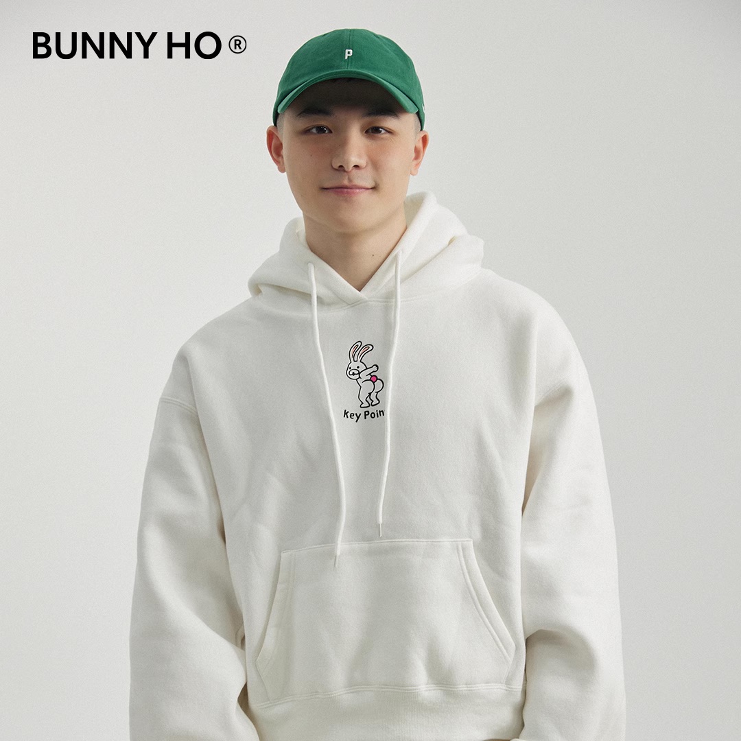 Bunny Ho 关键一点 春季加绒宽松短款纯棉卡通印花带帽